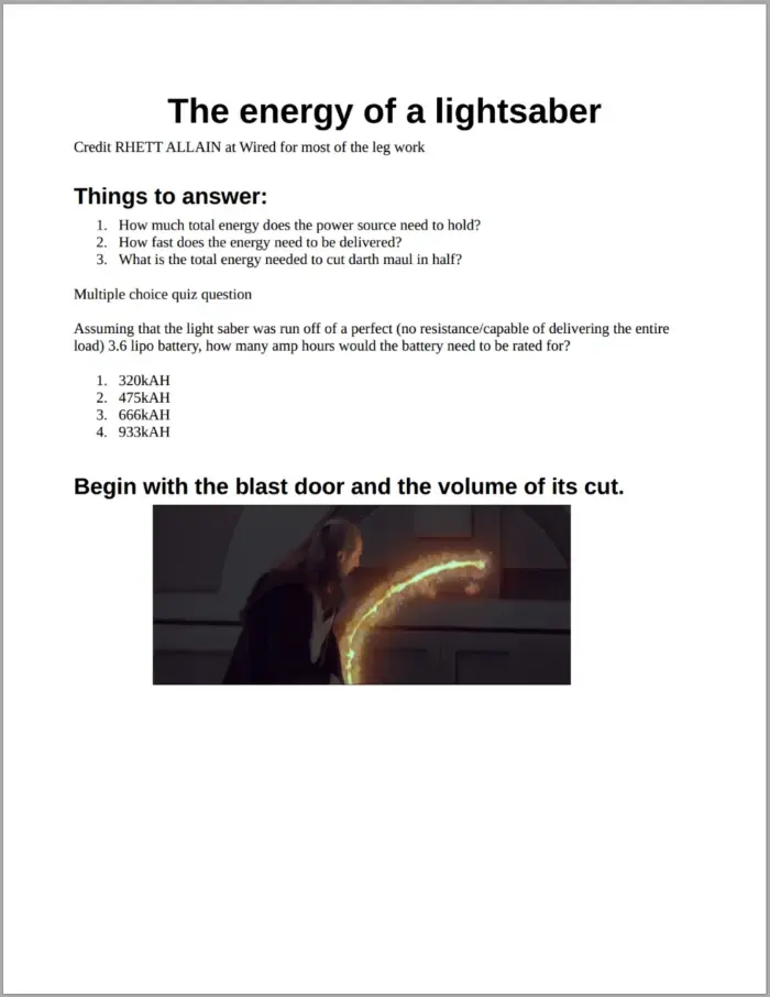 Energy of a lightsaber 1 Energy of a lightsaber 1