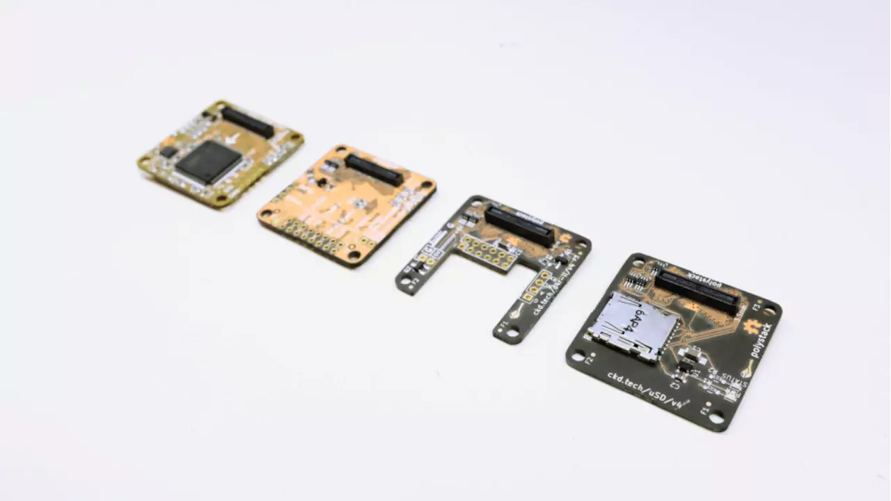 Figure 2A: Four of the Polystack boards. There are 13 boards in total and can be stacked up to 7 at once.