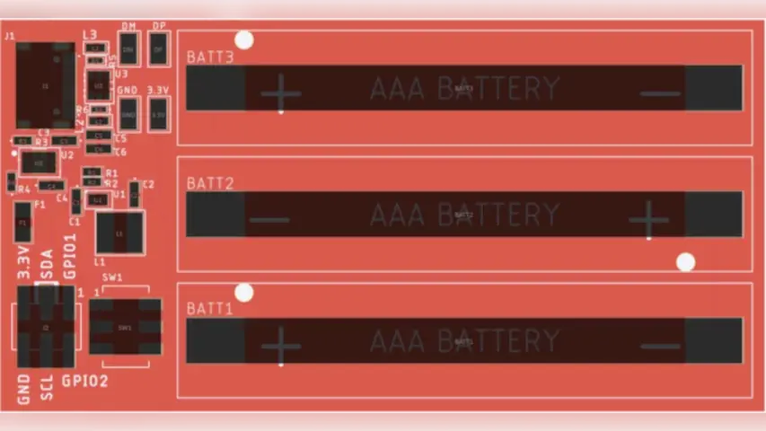 Front of the PCB Parker design to test the power system of the badge he is working on. Front of the PCB Parker design to test the power system of the badge he is working on.