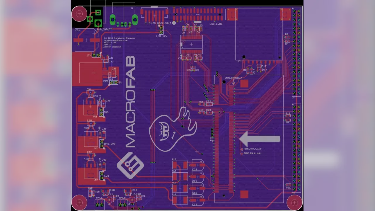 Figure 2: Parker’s Layout for the Raspberry Pi 3 Compute Module LVDS test board. Figure 2: Parker’s Layout for the Raspberry Pi 3 Compute Module LVDS test board.