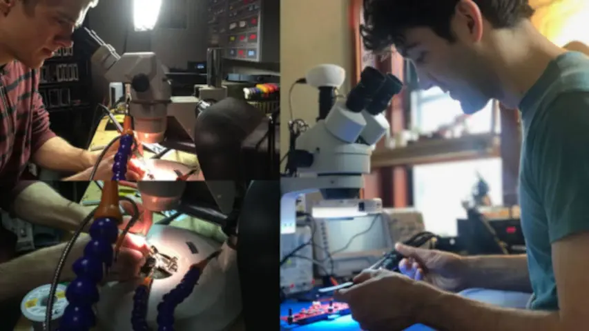 Owen Trueblood on the left did the first PCB design of the Bitty. Gavin Lund on the right working on the latest version of the Bitty. Owen Trueblood on the left did the first PCB design of the Bitty. Gavin Lund on the right working on the latest version of the Bitty.