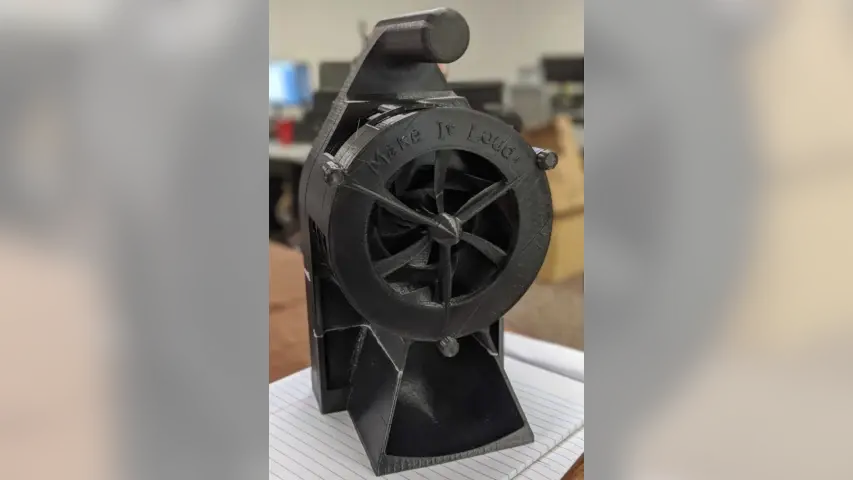 Parker’s Air Raid Siren he 3D printed for making noise at the office. Parker’s Air Raid Siren he 3D printed for making noise at the office.