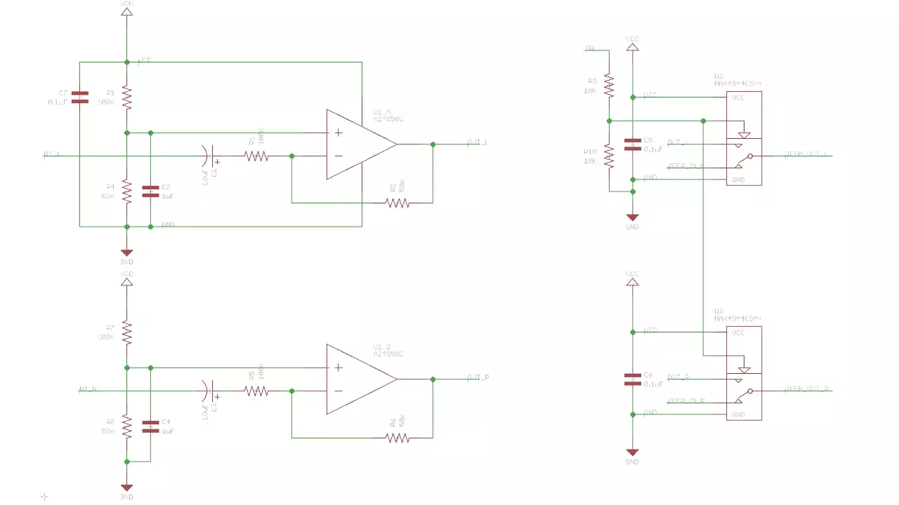 Figure 1: Schematic for the level shifter Jeep Bluetooth audio switcher. Figure 1: Schematic for the level shifter Jeep Bluetooth audio switcher.
